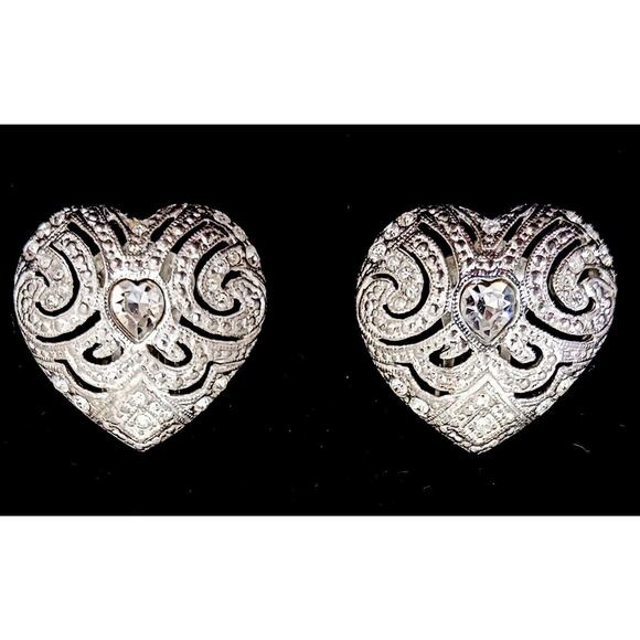 Vintage Carolee Earrings 1" Heart Simulated Diamonds Clip On Silver Filigree EUC - Picture 12 of 15